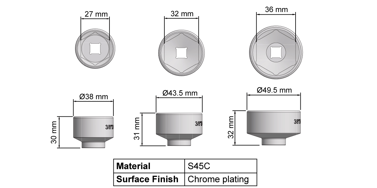 Hex Oil Filter Wrench Set 3/8"DR (3 pcs)
